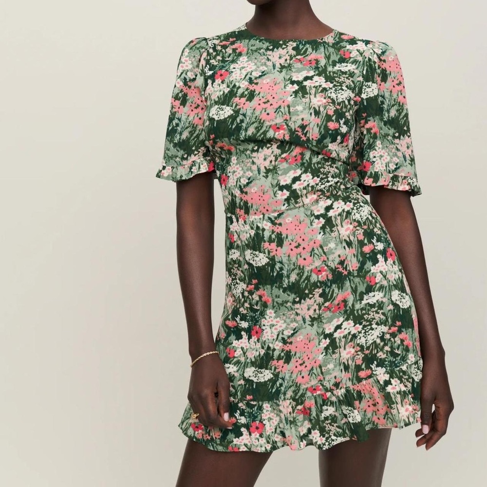 NWT Reformation Alaina Pink and Green Flutter Sleeve Mini Sundress, size 2